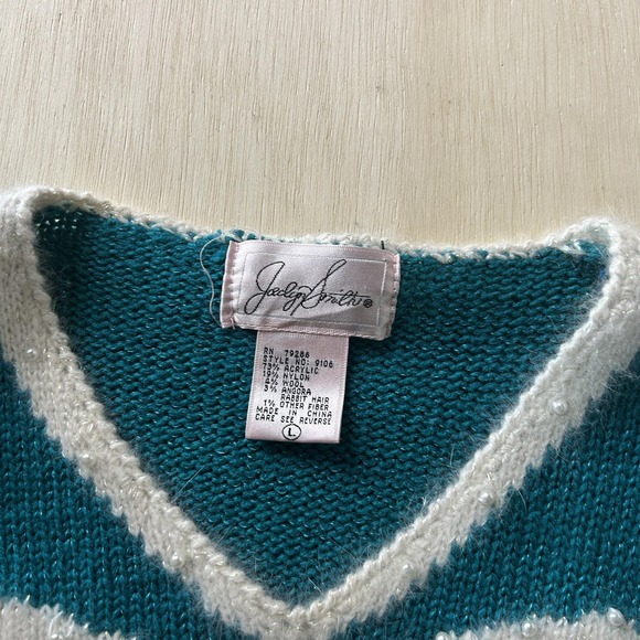Vintage Jaclyn Smith Sweater Womens Large Blue Bow Beaded V Neck Holiday Knit - Picture 4 of 8
